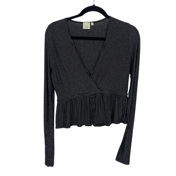 Good Luck Gem faux Wrap Top Size Large Black Micro Stripe Long Sleeves - Picture 2 of 8